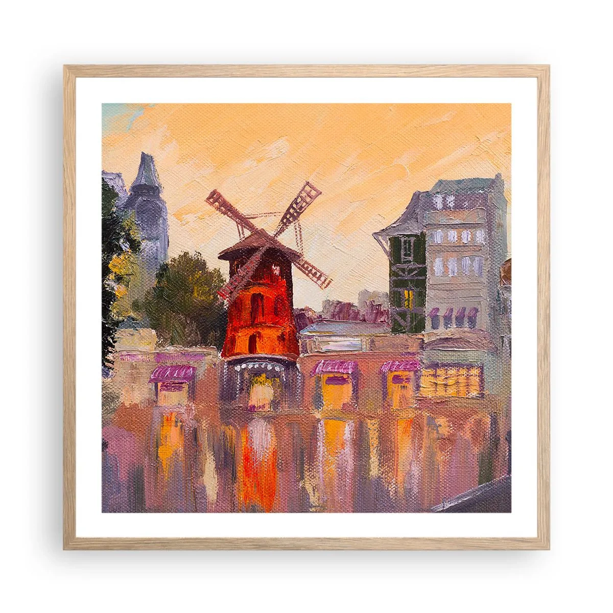 Poszter világos tölgy keretben - Párizsi ikonok - Moulin Rouge - 60x60 cm