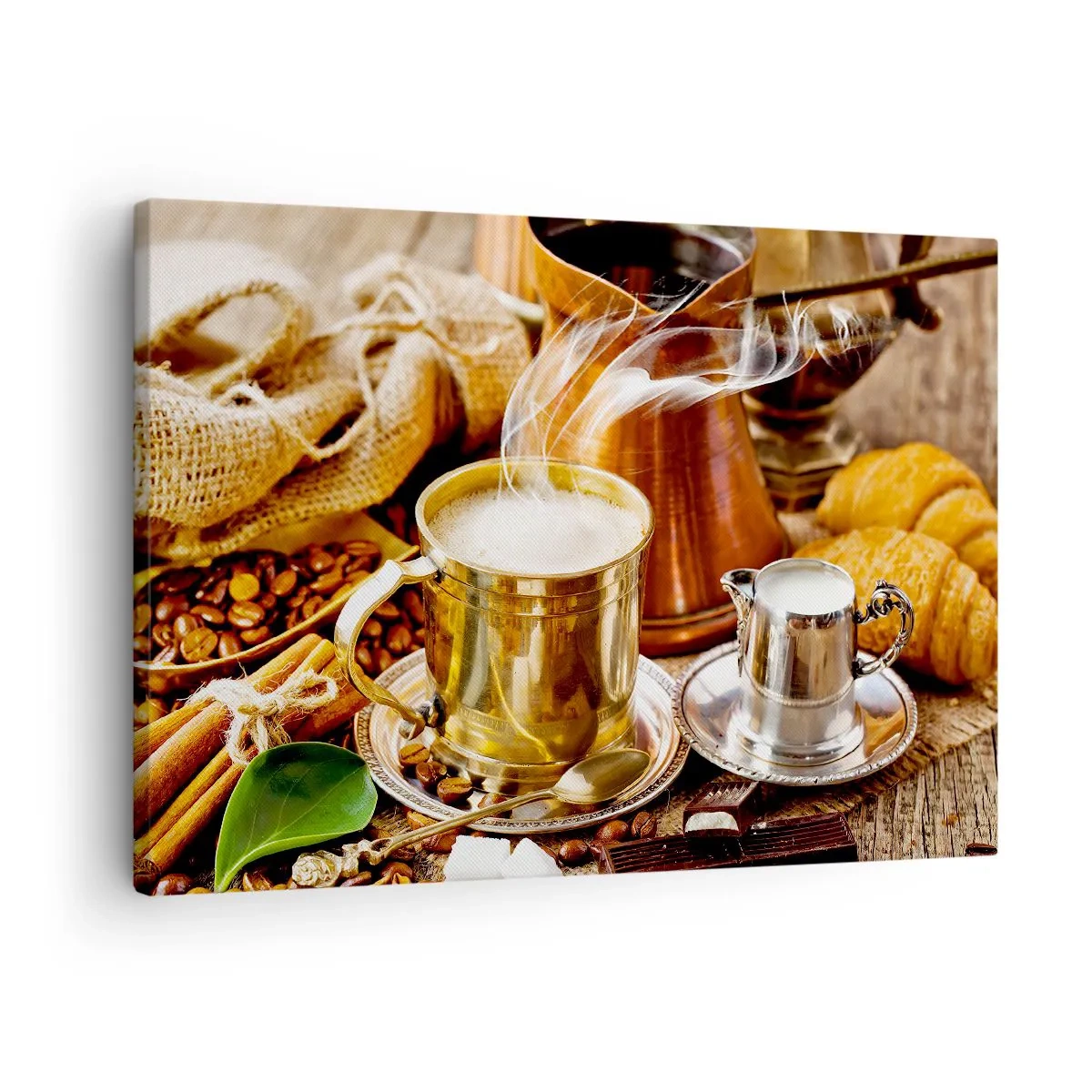 Vászonkép - Egy arany bögre kávé, babbal, kancsókkal és croissant-okkal körülvéve - 70x50cm - Szép napot! - Modern fali dekoráció nappalihoz és hálószobához ARTTOR
