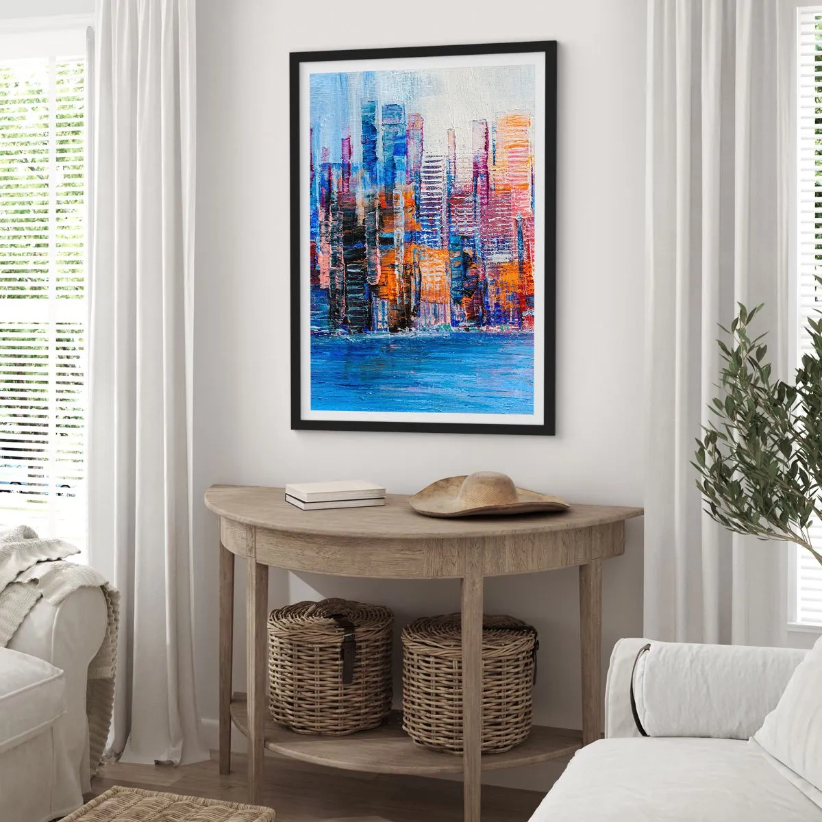Poszter fehér keretben - Absztrakt városi panoráma intenzív színekben - 50x70cm - Egy vidám metropolisz - Modern fali dekoráció nappalihoz és hálószobához ARTTOR
