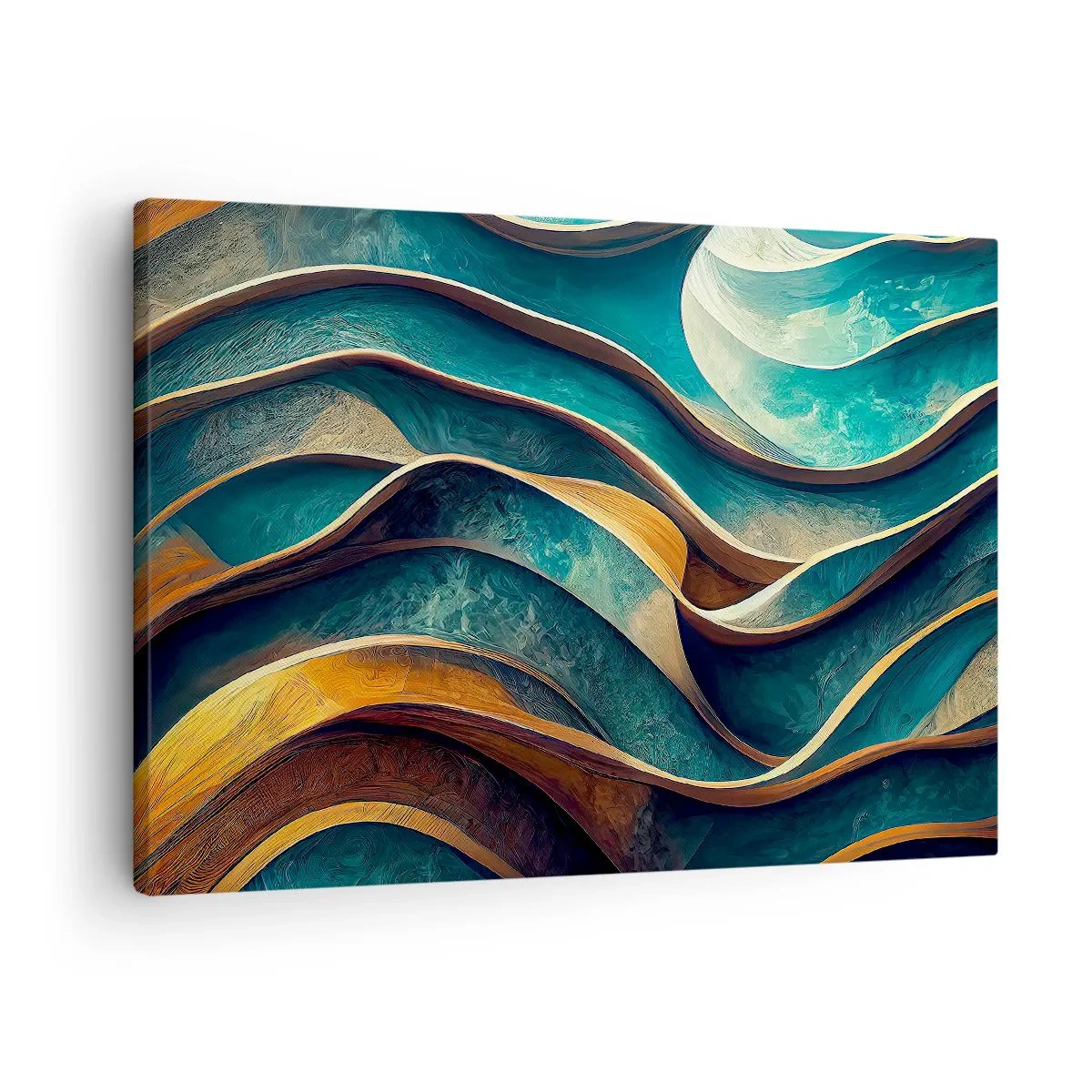 Vászonkép - Absztrakt hullámok türkiz és arany árnyalatokban - 70x50cm - Kék kanyarulatok - Modern fali dekoráció nappalihoz és hálószobához ARTTOR