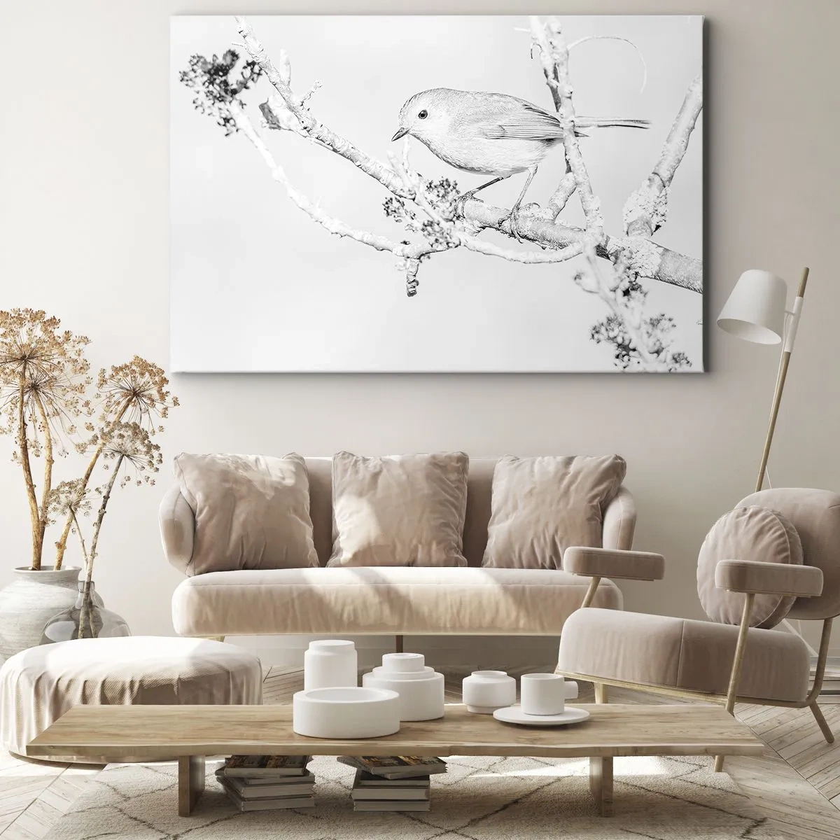 Vászonkép - Madár egy ágon fekete-fehérben, minimalista stílusban - 70x50cm - Téli reggel - Modern fali dekoráció nappalihoz és hálószobához ARTTOR