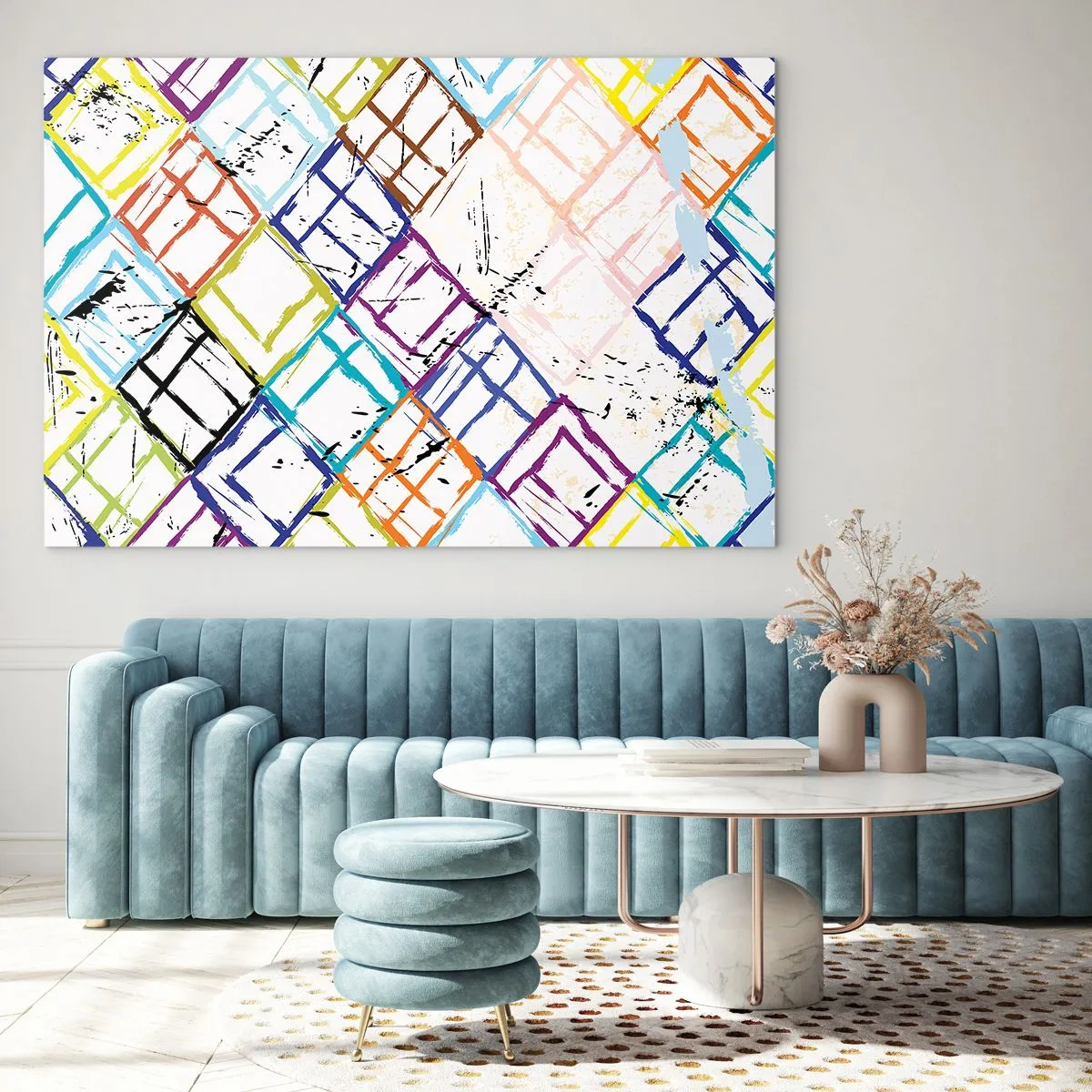 Üveg kép - Absztrakt minta többszínű rombuszokkal - 70x50cm - Bérelhető cellák - Modern fali dekoráció nappalihoz és hálószobához ARTTOR