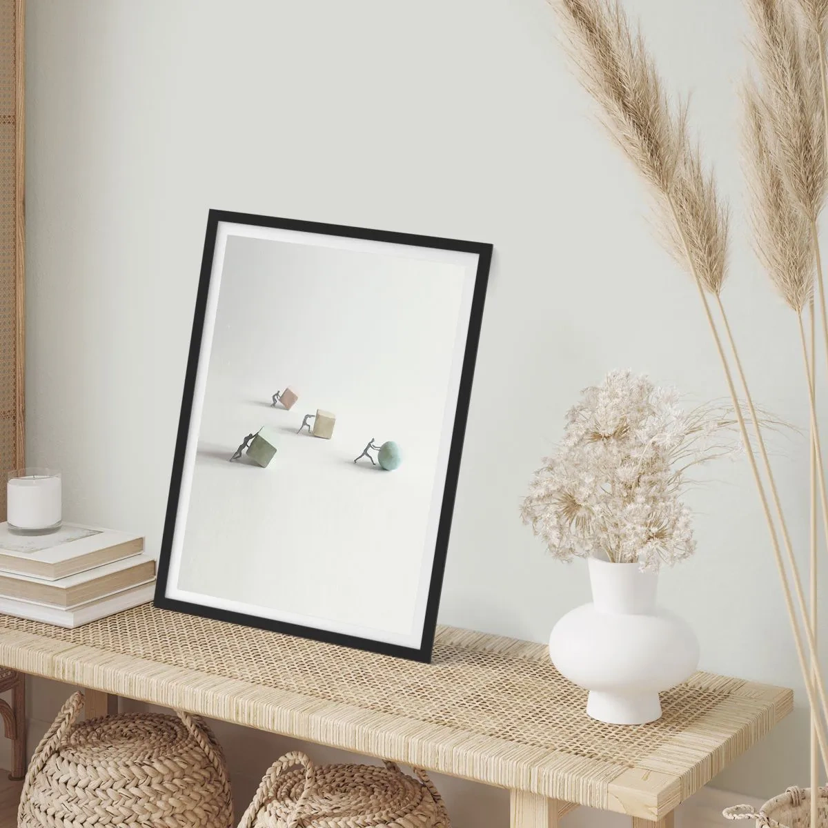 Poszter fehér keretben - Miniatűr figurák színes geometriai alakzatokat tolnak - 50x70cm - Maga az élet - Modern fali dekoráció nappalihoz és hálószobához ARTTOR