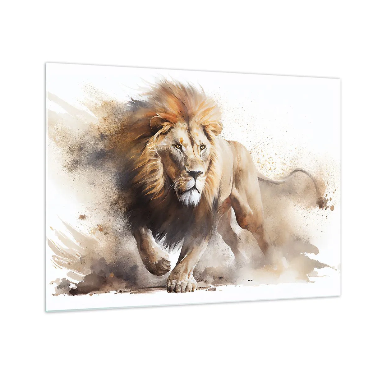 Üveg kép - Egy futó oroszlán dinamikus akvarell stílusú felvétele - 70x50cm - A király elindult - Modern fali dekoráció nappalihoz és hálószobához ARTTOR