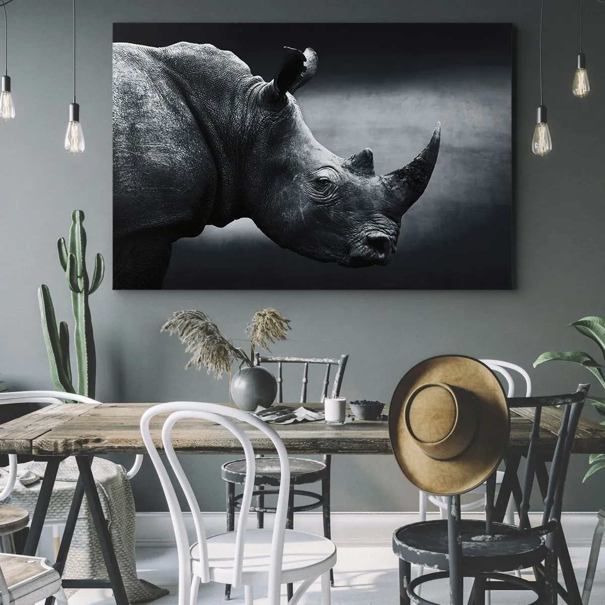 Vászonkép - Fekete-fehér portré egy orrszarvúról sötét háttér előtt - 70x50cm - Jobb profil - Modern fali dekoráció nappalihoz és hálószobához ARTTOR