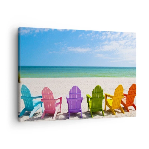 Vászonkép - Színes nyugágyak a tengerre néző strandon - 70x50cm - Szivárványos strand - Modern fali dekoráció nappalihoz és hálószobához ARTTOR