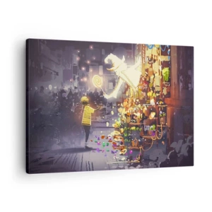 Vászonkép - Egy mesefigura és egy gyerek egy fényekkel és varázslattal teli utcán - 70x50cm - A mágia létezik - Modern fali dekoráció nappalihoz és hálószobához ARTTOR