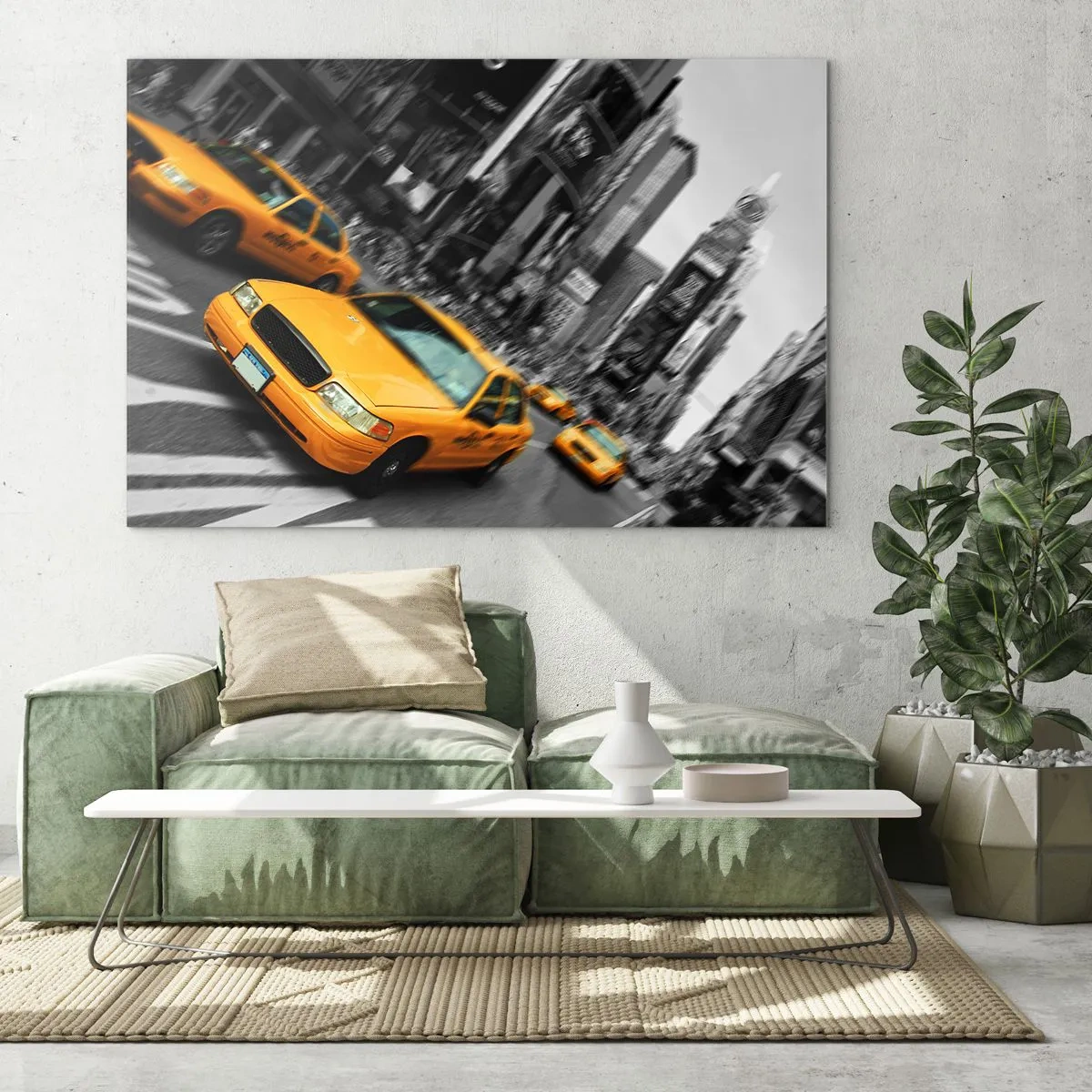 Üveg kép - Sárga taxik a fekete-fehér városi utcák hátterében - 70x50cm - New York-i napfény cseppjei - Modern fali dekoráció nappalihoz és hálószobához ARTTOR