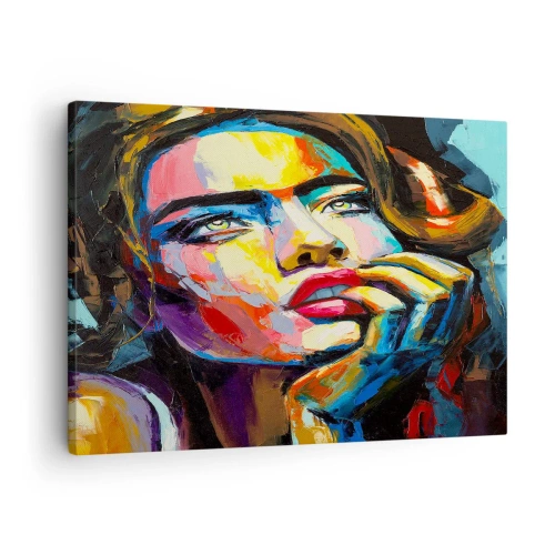 Vászonkép - Színes portré egy nőről expresszionista stílusban - 70x50cm - Az álmok úgy repülnek az égen, mint a madarak - Modern fali dekoráció nappalihoz és hálószobához ARTTOR