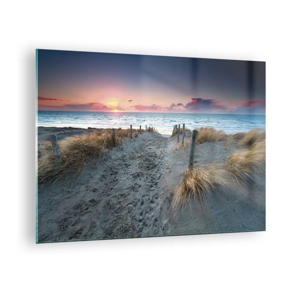 Üveg kép - Ösvény a dűnéken keresztül, amely naplementekor a tengerhez vezet - 70x50cm - Kiöntöttél egy sugárzó szivárványos fényt... - Modern fali dekoráció nappalihoz és hálószobához ARTTOR