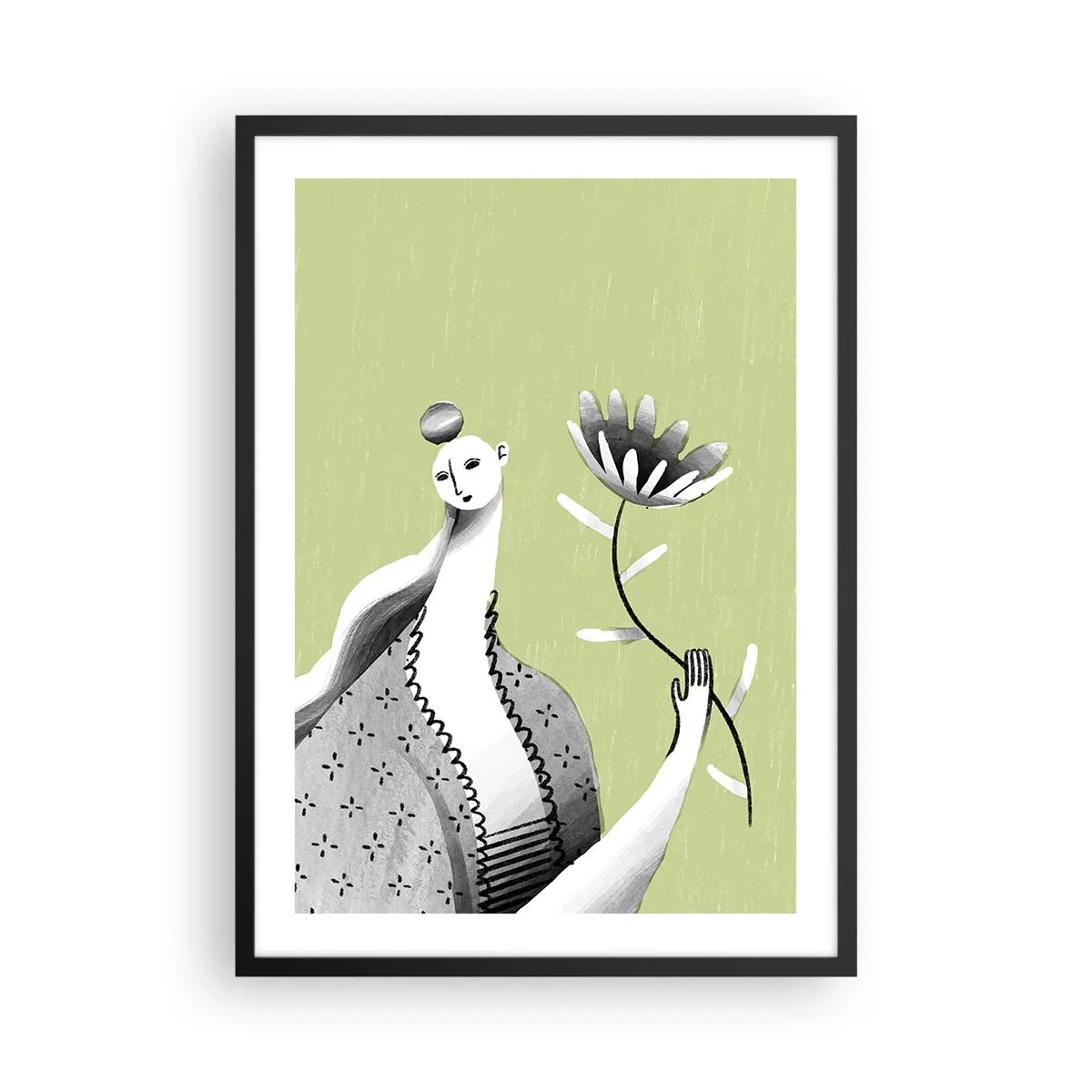 Poszter fehér keretben - Minimalista nő virágot tart a kezében zöld háttér előtt - 50x70cm - Modernista portré - virágot tartva - Modern fali dekoráció nappalihoz és hálószobához ARTTOR