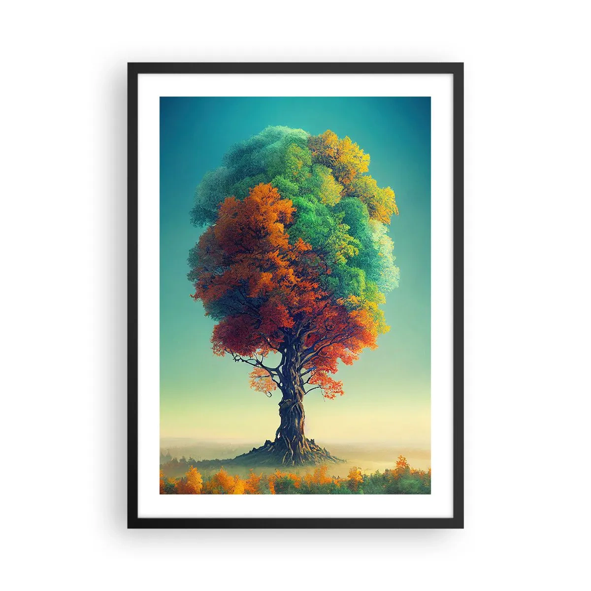 Poszter fehér keretben - Egy fa a négy évszak színeiben - 50x70cm - Tölgy - a természet atyja - Modern fali dekoráció nappalihoz és hálószobához ARTTOR
