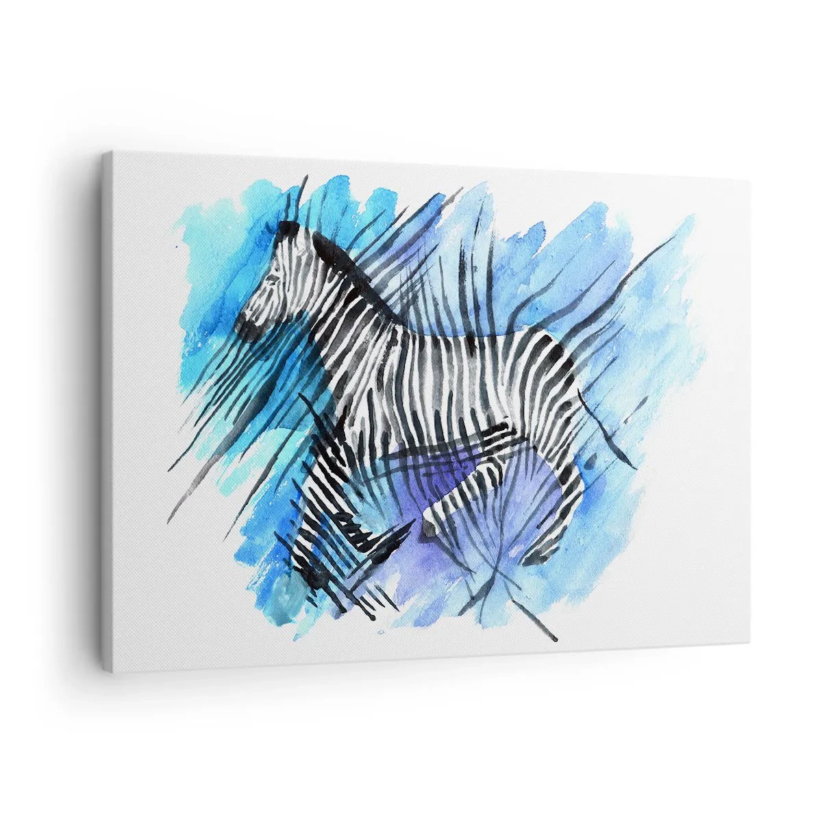Vászonkép - Akvarell illusztráció egy zebráról a kék ég ellen - 70x50cm - Csíkokba rejtve - Modern fali dekoráció nappalihoz és hálószobához ARTTOR