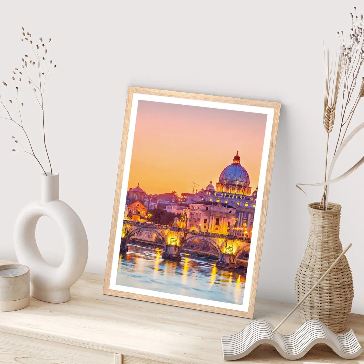 Poszter világos tölgy keretben - Naplemente az örök város felett - 70x100 cm