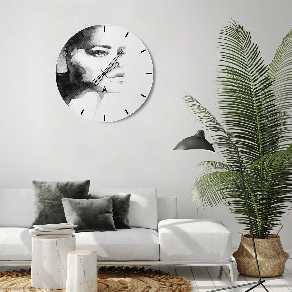 Falióra, Óra - Fekete-fehér akvarell portré egy nőről - 30x30cm - Rejtélyből és ködből készült - Modern fali dekoráció nappalihoz, konyhához és hálószobához ARTTOR