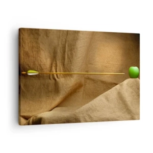 Vászonkép - Zöld alma szöveten, nyíllal kompozíciót létrehozva - 70x50cm - Idézd elő William Tell szellemét - Modern fali dekoráció nappalihoz és hálószobához ARTTOR