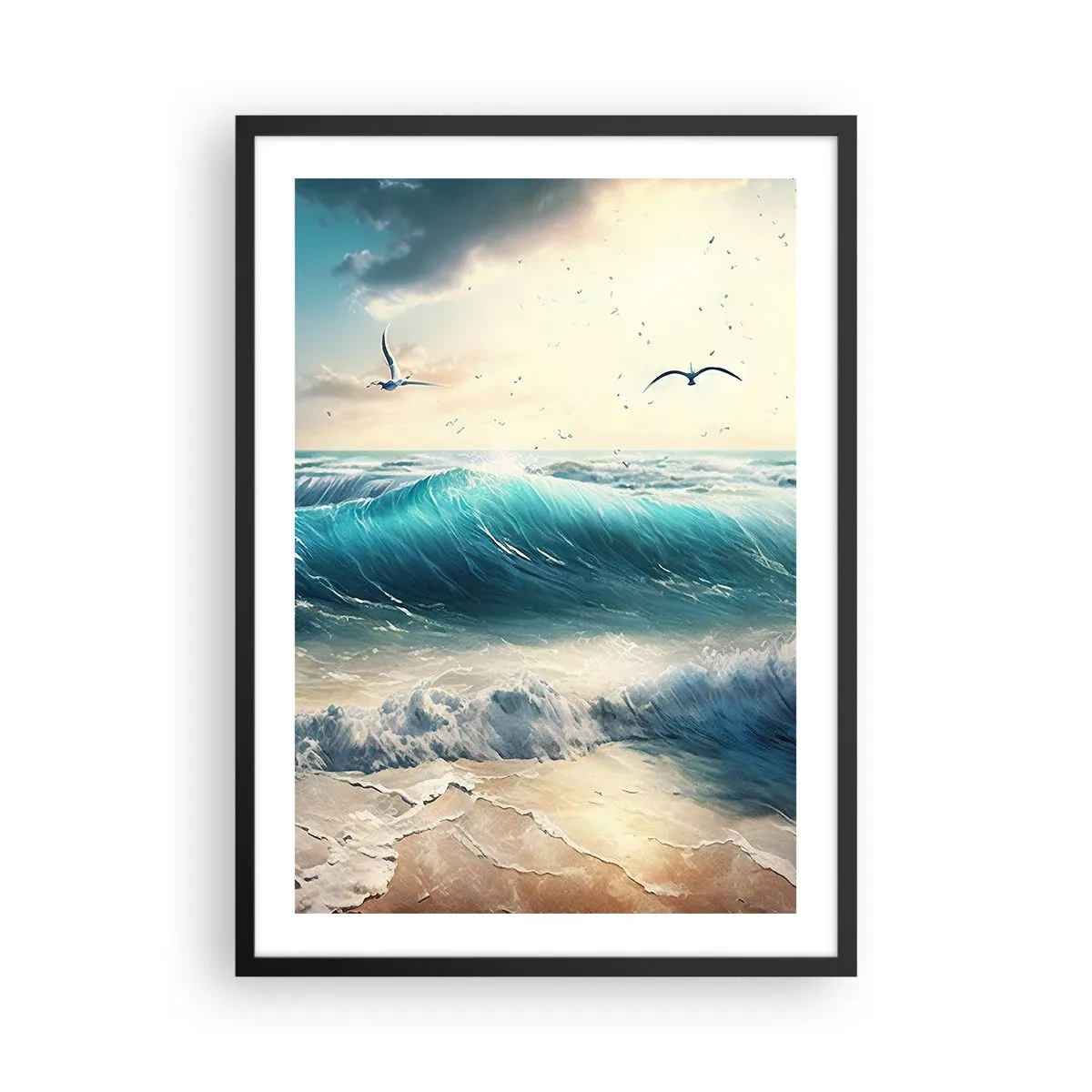 Poszter fehér keretben - Türkiz hullámok csapódnak a partra - 50x70cm - Zaj csak neked - Modern fali dekoráció nappalihoz és hálószobához ARTTOR