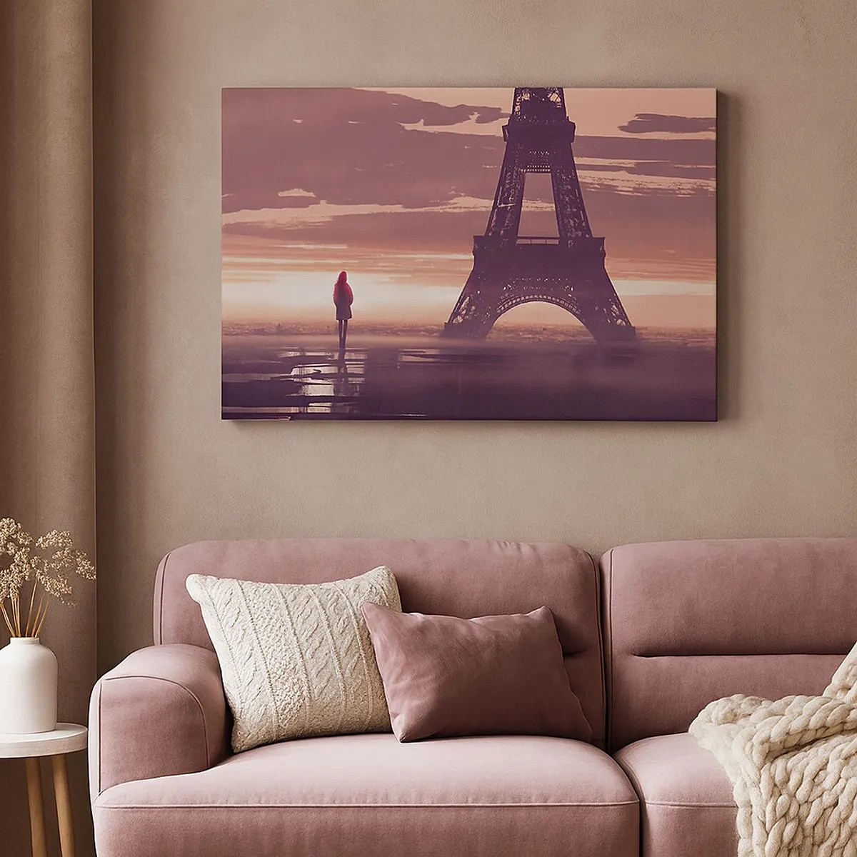 Vászonkép - Egy alak az Eiffel-tornyot nézi a lenyugvó nap fényében - 70x50cm - Csak ők ketten - Modern fali dekoráció nappalihoz és hálószobához ARTTOR