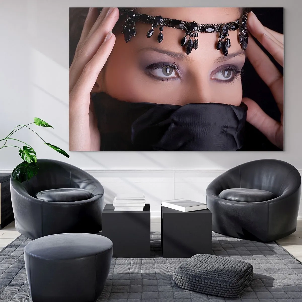 Üveg kép - Egy női arc díszes tiarával és intenzív tekintettel - 70x50cm - Orientális csábító rejtély - Modern fali dekoráció nappalihoz és hálószobához ARTTOR