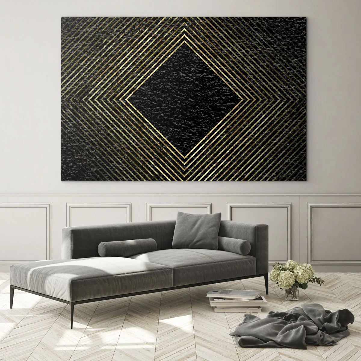 Üveg kép - Arany gyémánt geometrikus vonalakkal fekete alapon - 70x50cm - Geometria glamour stílusban - Modern fali dekoráció nappalihoz és hálószobához ARTTOR