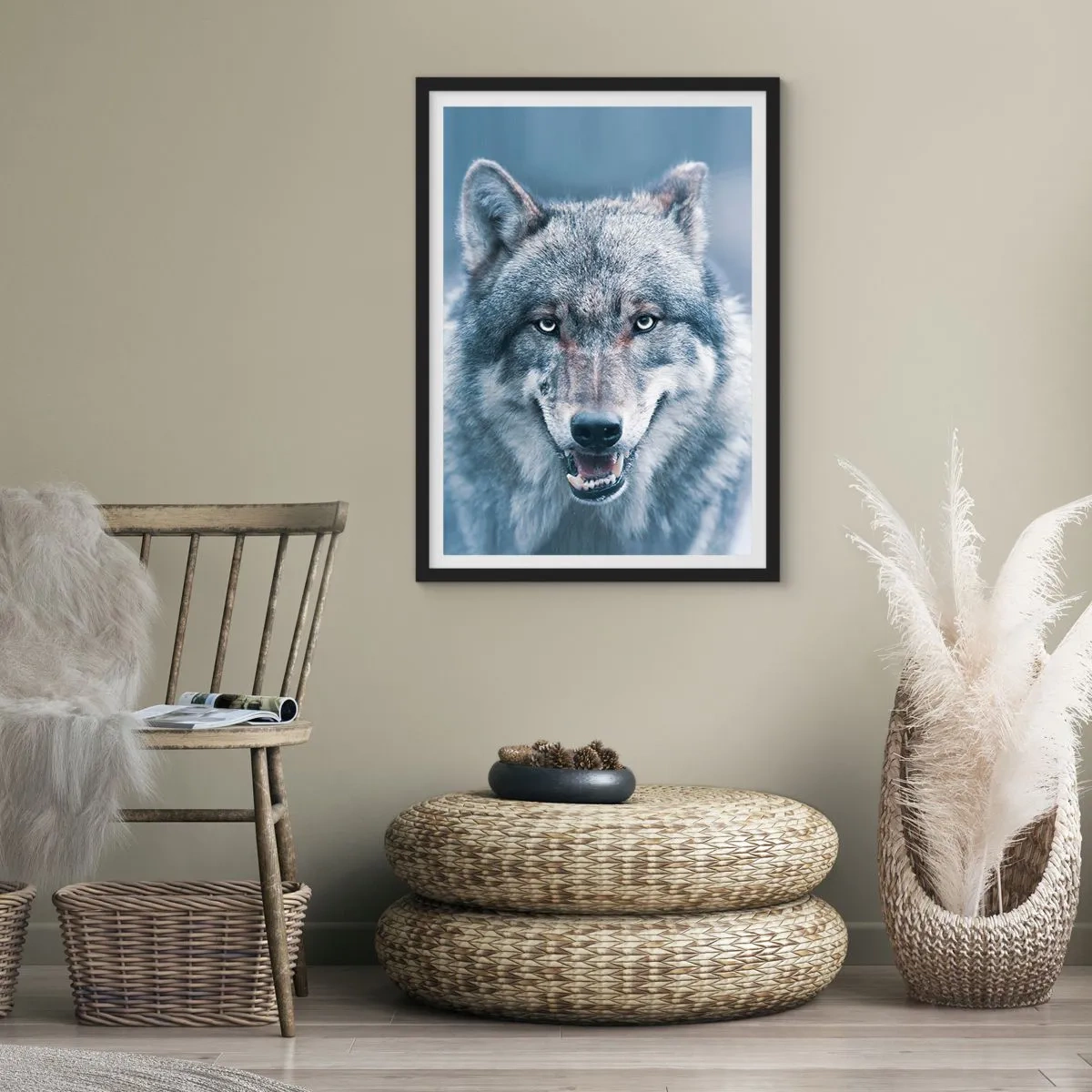 Poszter fehér keretben - Farkas portréja téli táj előtt - 50x70cm - Vállalod a kihívást? - Modern fali dekoráció nappalihoz és hálószobához ARTTOR