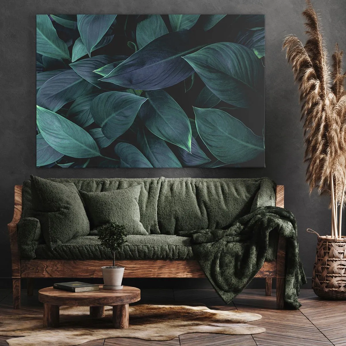 Vászonkép - Zöld levelek közeli képe sötét háttérrel - 70x50cm - Maga a zöldellő növényzet - Modern fali dekoráció nappalihoz és hálószobához ARTTOR