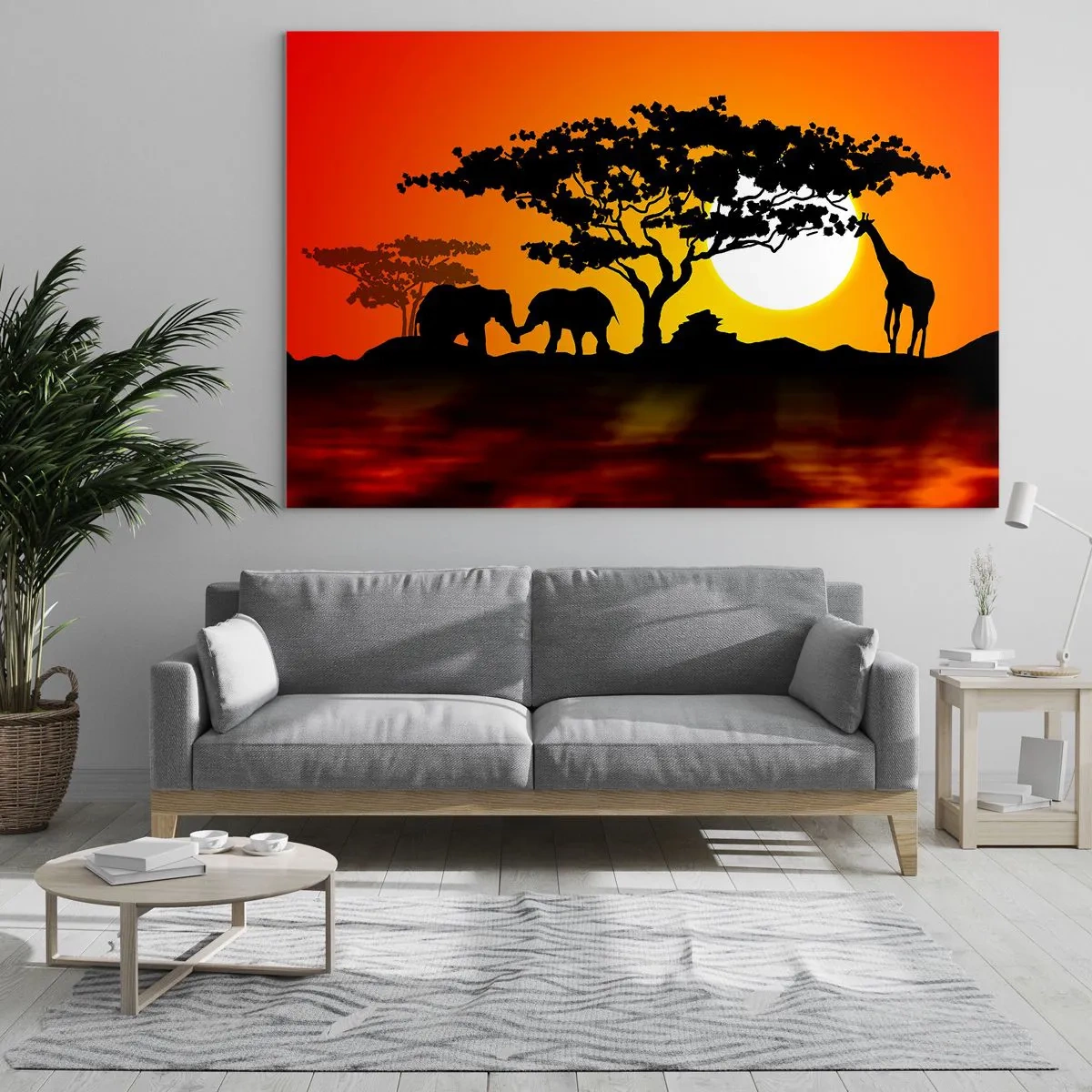 Üveg kép - Afrikai táj fákkal és állatokkal naplementekor - 70x50cm - Találkozás a szavannán - Modern fali dekoráció nappalihoz és hálószobához ARTTOR