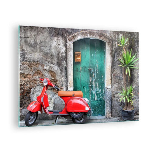 Üveg kép - Piros robogó egy zöld ajtónak - 70x50cm - Olasz nyaralás - Modern fali dekoráció nappalihoz és hálószobához ARTTOR