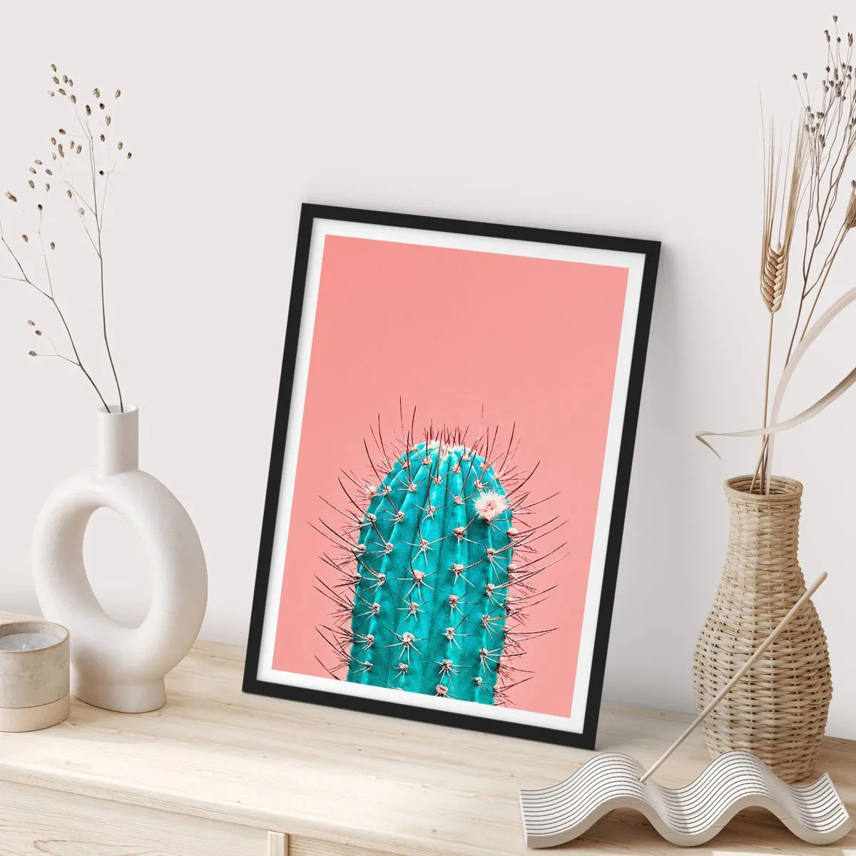 Poszter fehér keretben - Türkiz kaktusz rózsaszín háttérrel - 50x70cm - Csak nézz - Modern fali dekoráció nappalihoz és hálószobához ARTTOR