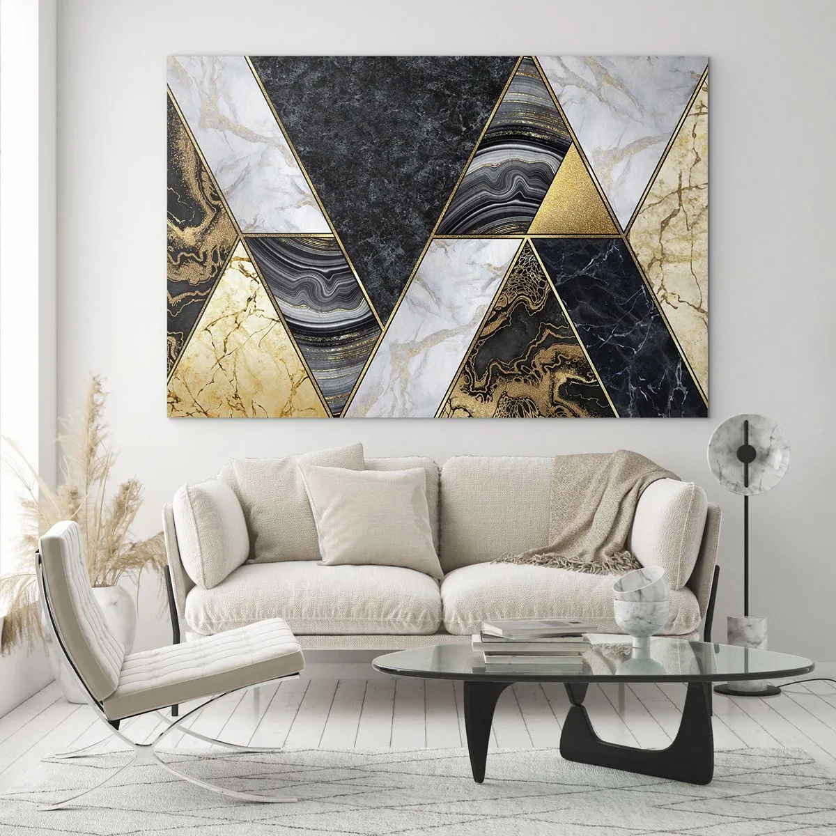 Üveg kép - Márvány és arany háromszögek geometrikus mintája - 70x50cm - Kőről kőre - Modern fali dekoráció nappalihoz és hálószobához ARTTOR