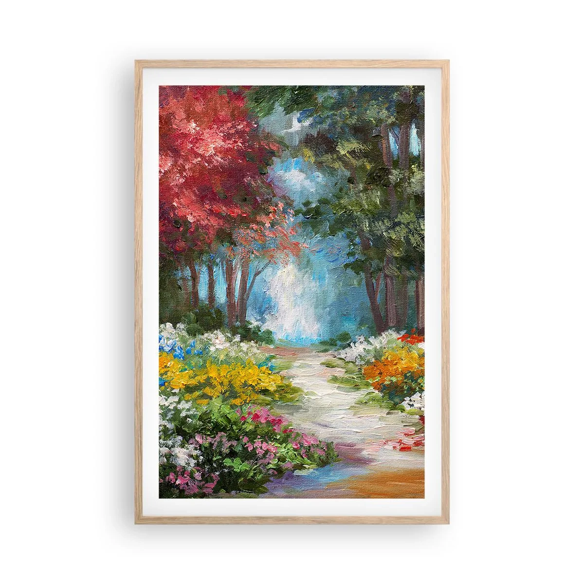 Poszter világos tölgy keretben - Erdei kert, virágos erdő - 61x91 cm