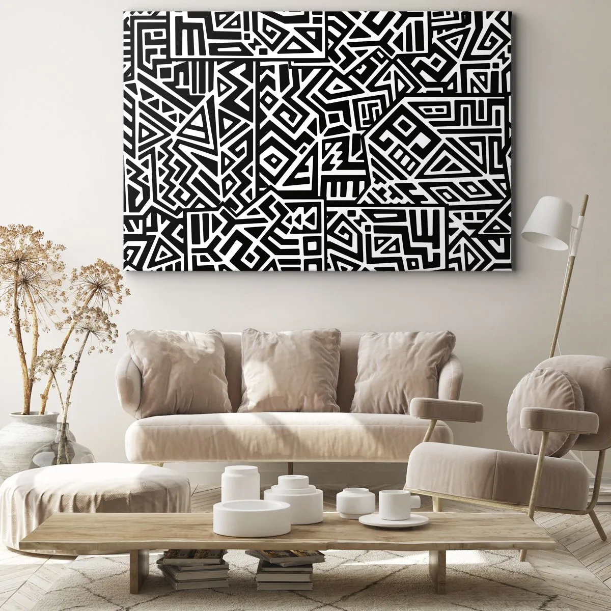 Vászonkép - A Kolumbusz előtti kultúra ihlette fekete-fehér geometrikus mintákat - 70x50cm - Kolumbusz előtti kompozíció - Modern fali dekoráció nappalihoz és hálószobához ARTTOR