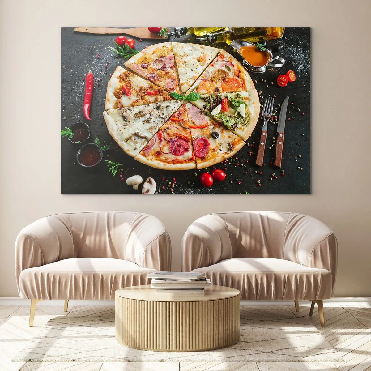 Üveg kép - Pizza különböző ízekben, feltétekkel, sötét háttér előtt - 70x50cm - Ízek palettája - Modern fali dekoráció nappalihoz és hálószobához ARTTOR