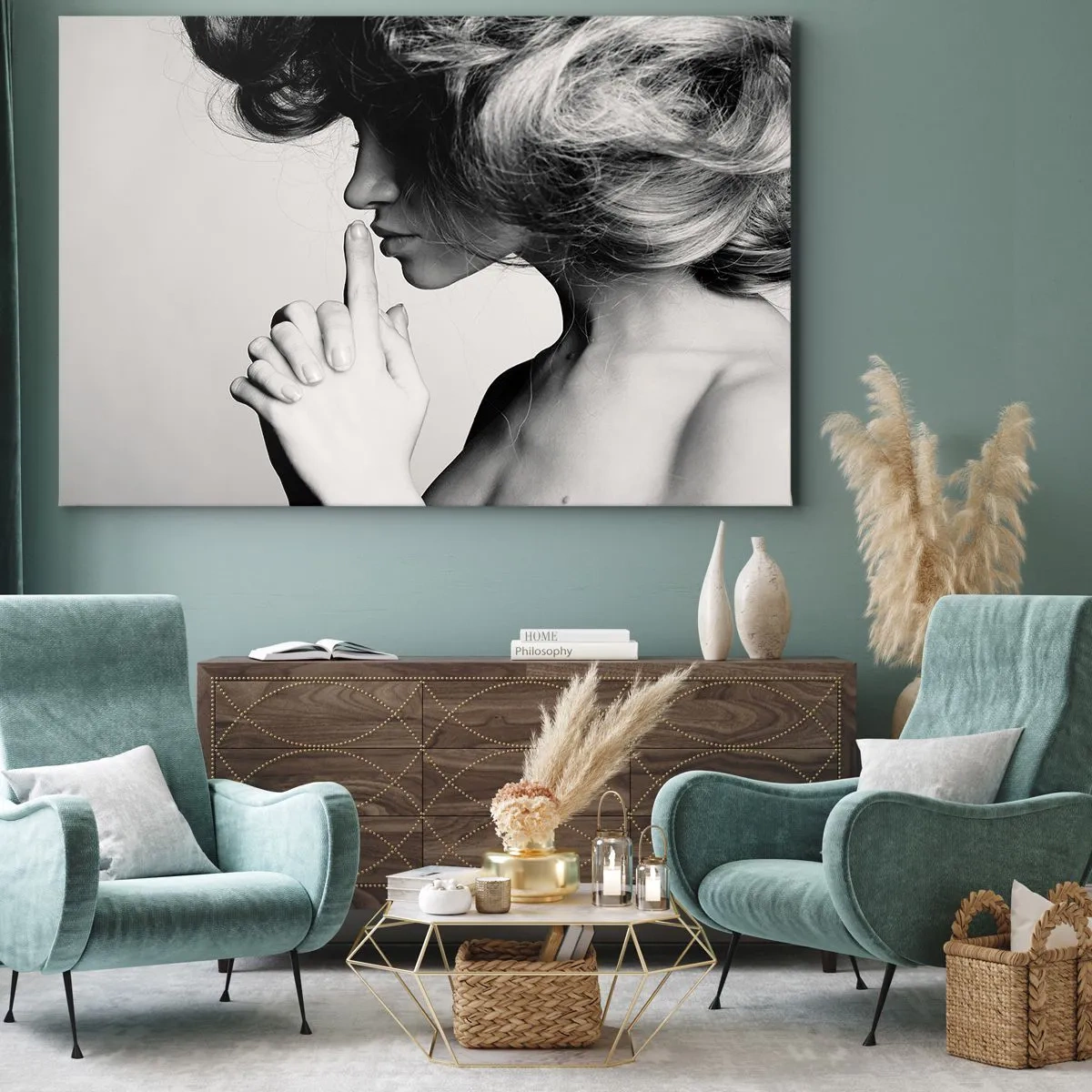 Vászonkép - Egy nő fekete-fehér profilja, amely csendet integet. - 70x50cm - Magára hallgatva - Modern fali dekoráció nappalihoz és hálószobához ARTTOR