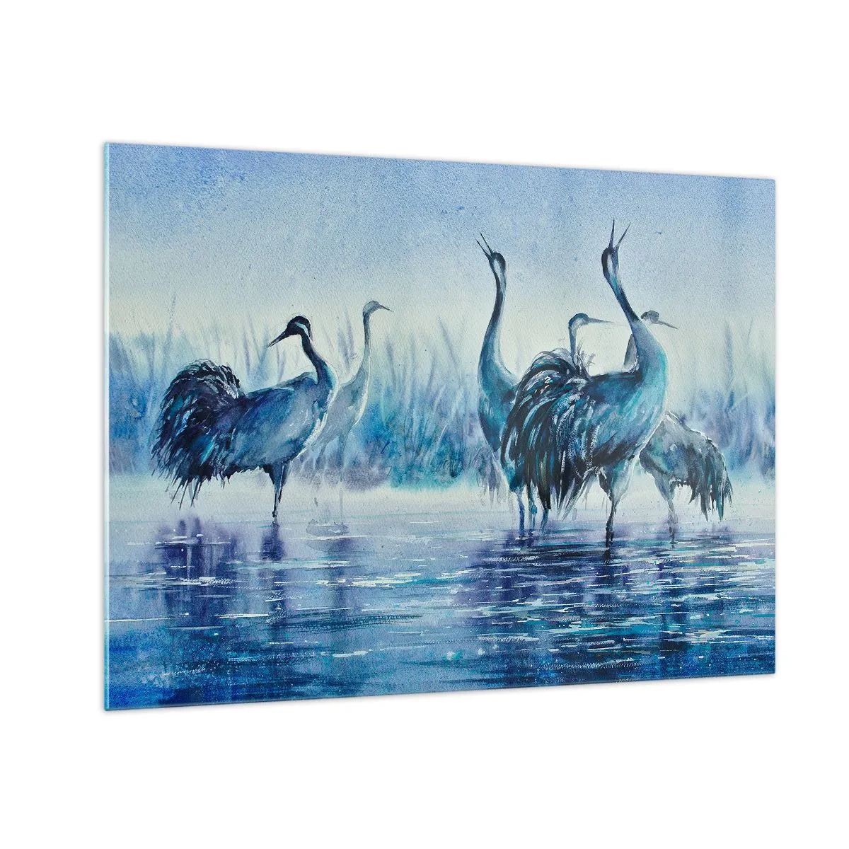 Üveg kép - Madarak gázolnak a kék vízben - 70x50cm - Reggeli találkozás - Modern fali dekoráció nappalihoz és hálószobához ARTTOR