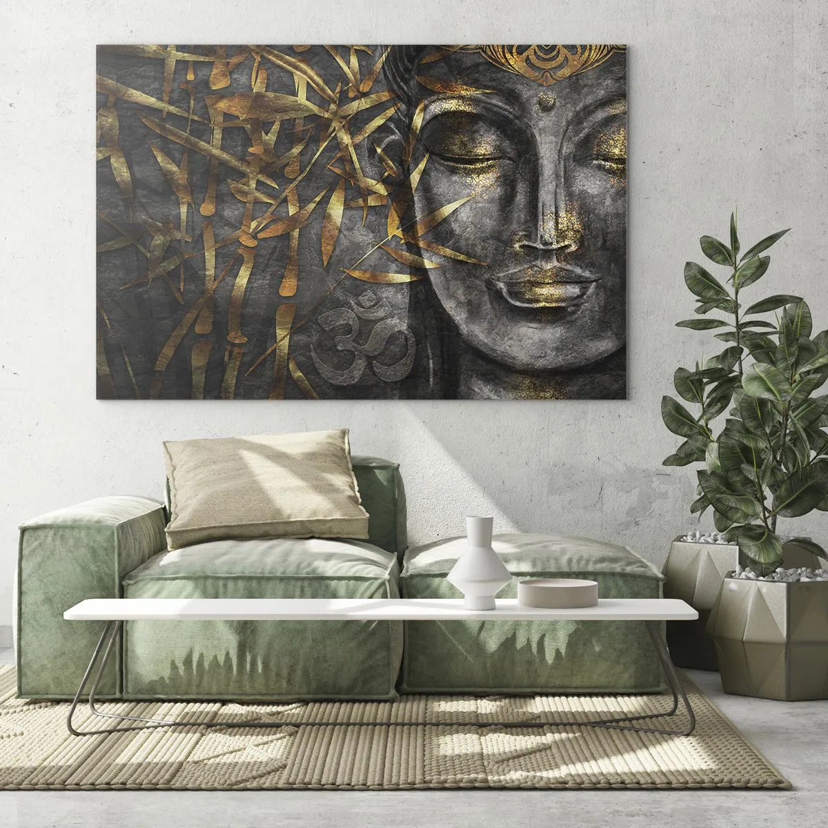 Üveg kép - Arany Buddha kép bambusz háttér előtt - 70x50cm - Érezd a nyugalmat - Modern fali dekoráció nappalihoz és hálószobához ARTTOR