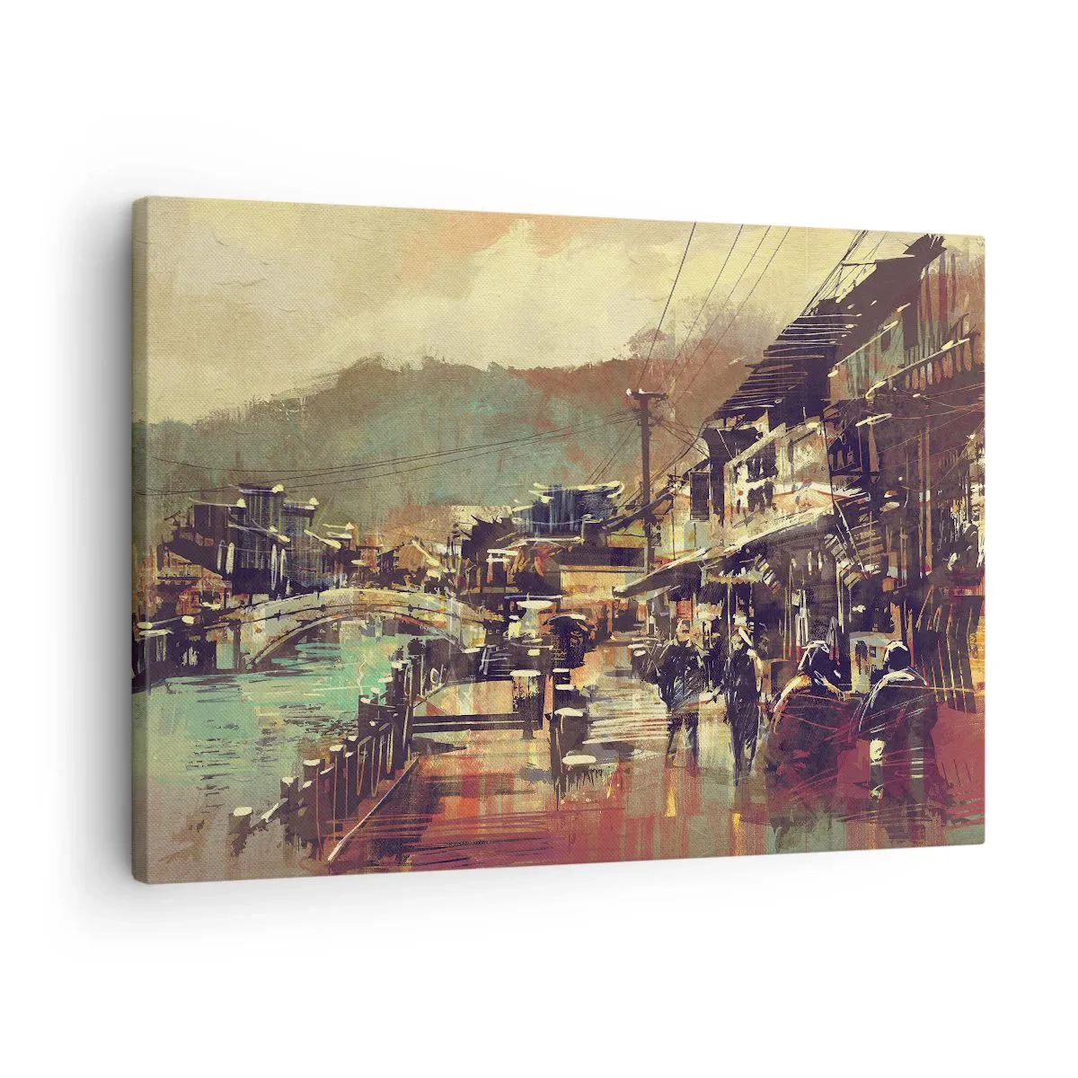 Vászonkép - Egy város híddal és művészien berendezett utcákkal - 70x50cm - Az élet, mint a szürke gazdagság - Modern fali dekoráció nappalihoz és hálószobához ARTTOR