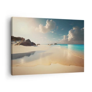 Vászonkép - Napos tengerpart kék tengerrel és sziklákkal - 70x50cm - Egy álomszerű nap - Modern fali dekoráció nappalihoz és hálószobához ARTTOR