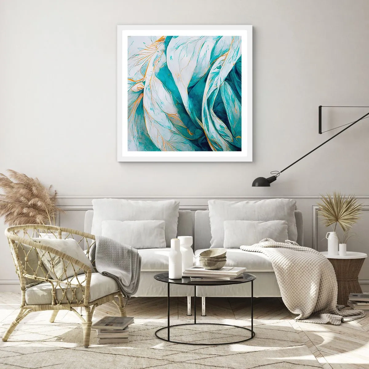 Poszter fekete keretben - Kék absztrakció arany motívummal - 40x40 cm