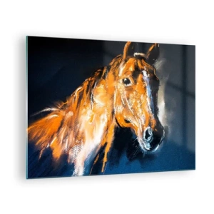 Üveg kép - Portré egy lóról sötét háttér előtt, intenzív barna árnyalatokban - 70x50cm - Szóval, mész? - Modern fali dekoráció nappalihoz és hálószobához ARTTOR
