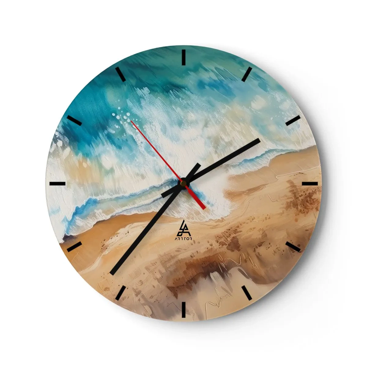 Falióra, Óra - Madártávlatból egy festői hullám, ahogy a homokba csapódik - 30x30cm - Visszatérő hullám - Modern fali dekoráció nappalihoz, konyhához és hálószobához ARTTOR