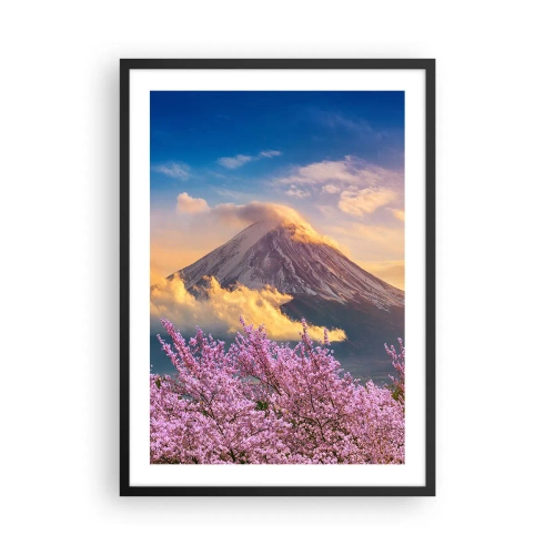 Poszter fehér keretben - A Fuji-hegy cseresznyevirágzás közepette naplementekor - 50x70cm - Japán szentség - Modern fali dekoráció nappalihoz és hálószobához ARTTOR