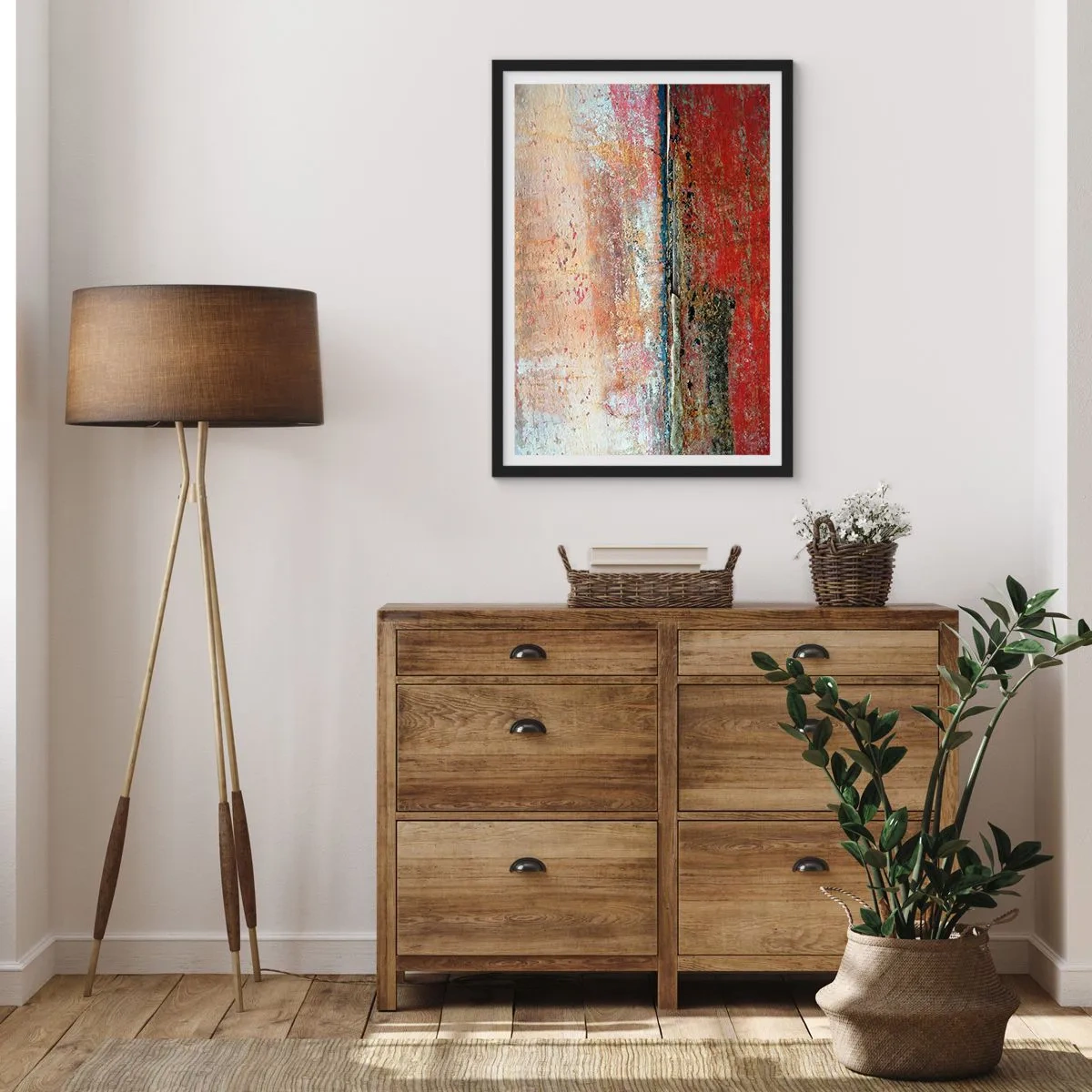 Poszter fehér keretben - Absztrakt textúra piros és bézs horzsolásokkal - 50x70cm - Talán a tenger - Modern fali dekoráció nappalihoz és hálószobához ARTTOR