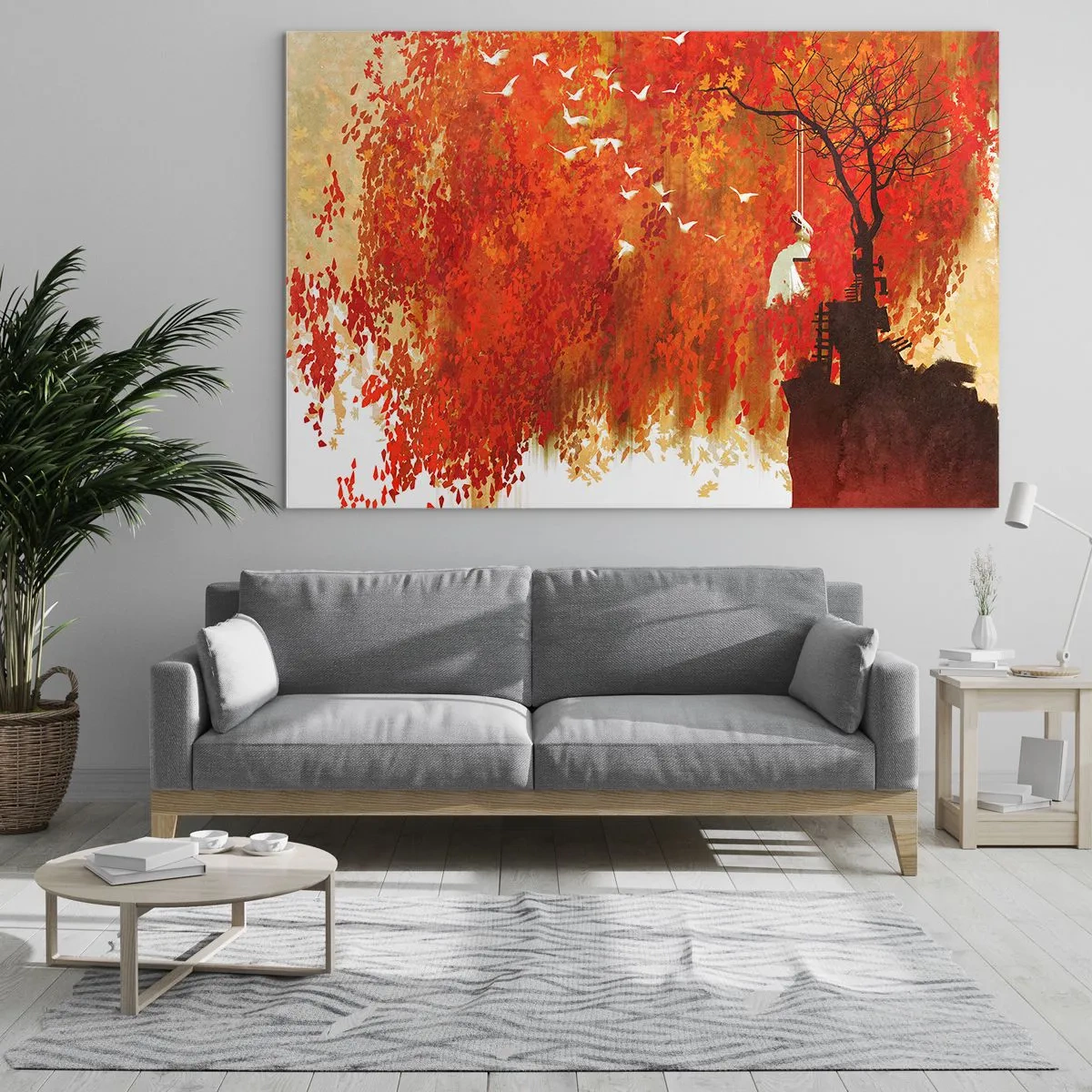 Üveg kép - Vörös levelek, egy magányos fa és madarak egy őszi jelenetben - 70x50cm - Repül velünk? - Modern fali dekoráció nappalihoz és hálószobához ARTTOR