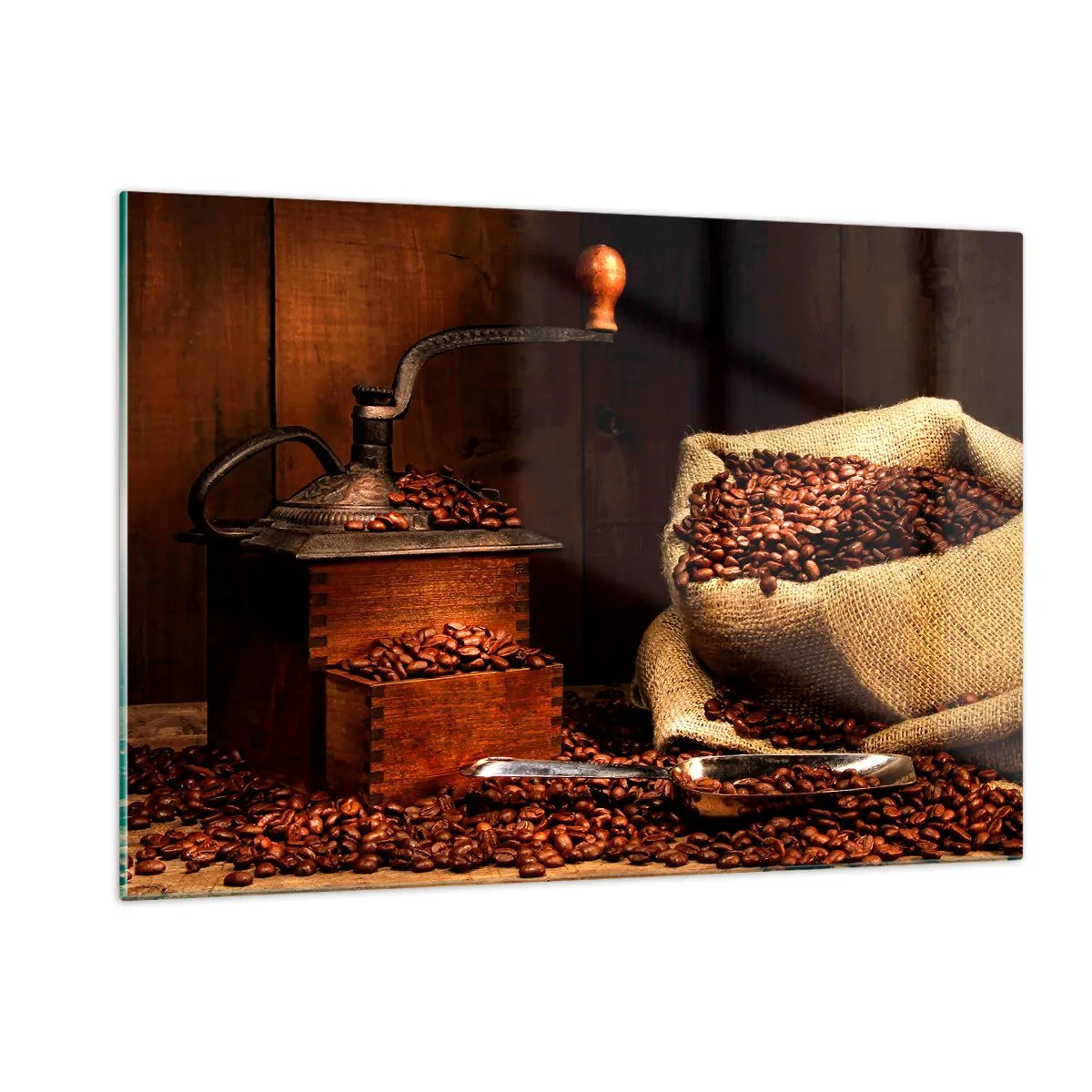 Üveg kép - Csendélet szemes kávéval és darálóval - 120x80 cm