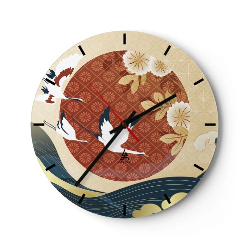 Falióra, Óra - Japán daruk piros kör és stilizált hullámok hátterében. - 30x30cm - Japán mese - Modern fali dekoráció nappalihoz, konyhához és hálószobához ARTTOR
