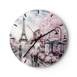 Falióra, Óra - Romantikus kilátás Párizsra az Eiffel-toronnyal és a virágzó fákkal - 30x30cm - Ha szerelmesnek lenni, akkor a... - Modern fali dekoráció nappalihoz, konyhához és hálószobához ARTTOR