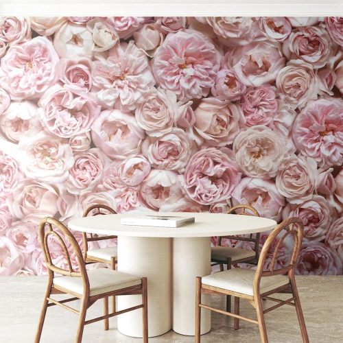 Fotótapéta Standard Eco - Sűrűn elrendezett pasztellrózsák rózsaszín árnyalatokban - 100x70cm - Rózsákkal átszőve - Modern fali dekoráció nappalihoz és hálószobához ARTTOR