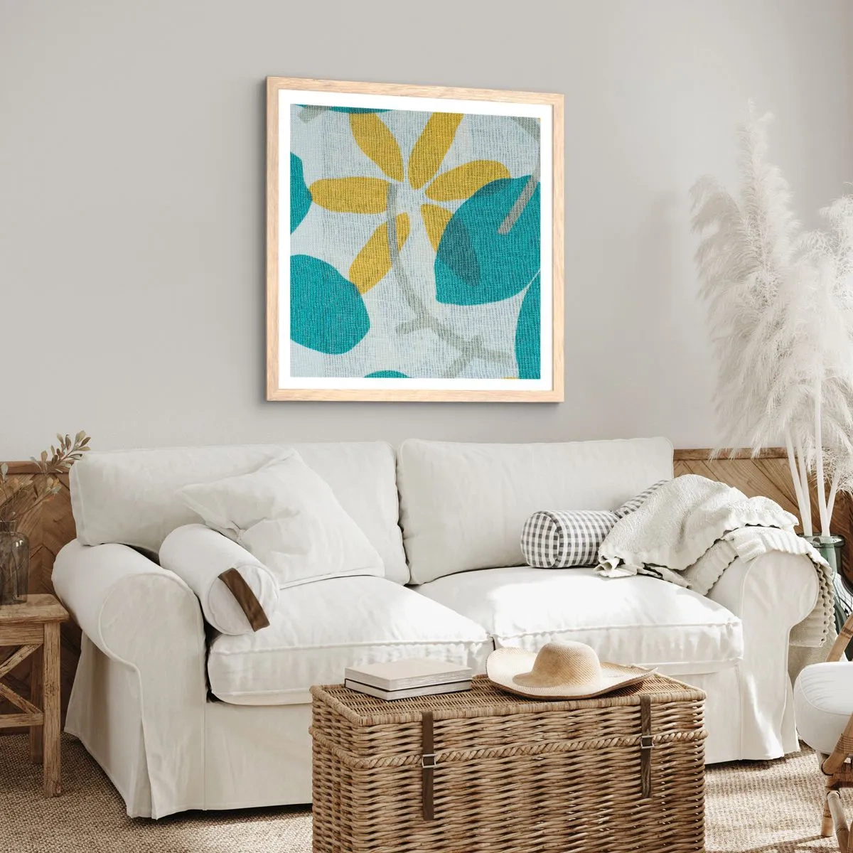 Poszter világos tölgy keretben - Azúrkék levelek között - 40x40 cm