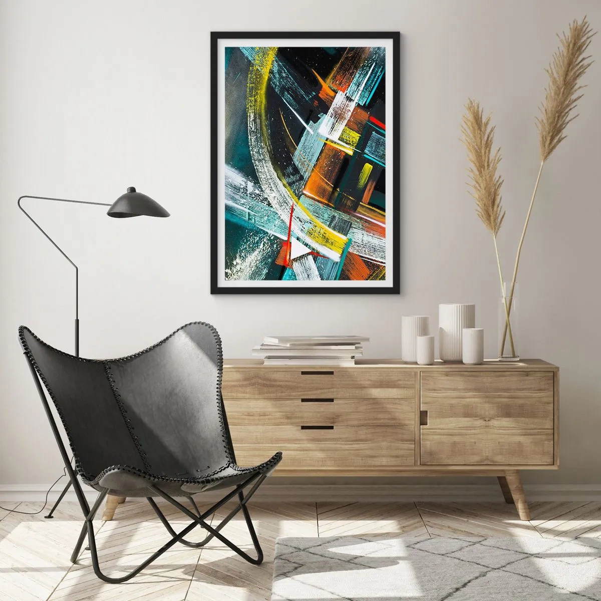 Poszter fehér keretben - Absztrakció intenzív színekben, geometrikus formákkal - 50x70cm - A mozgás energiája - Modern fali dekoráció nappalihoz és hálószobához ARTTOR